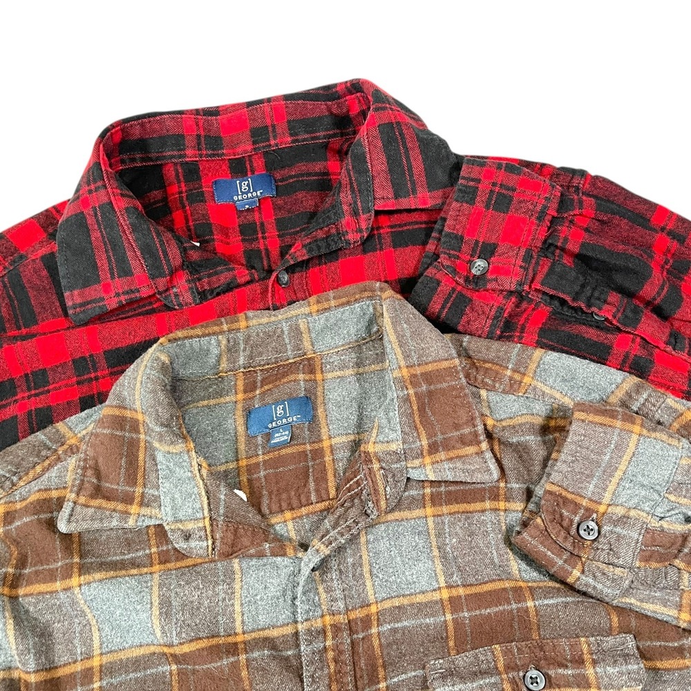 2pk George Large Red/Brown Plaid Button Down Shirts Flannel Style Lumberjack